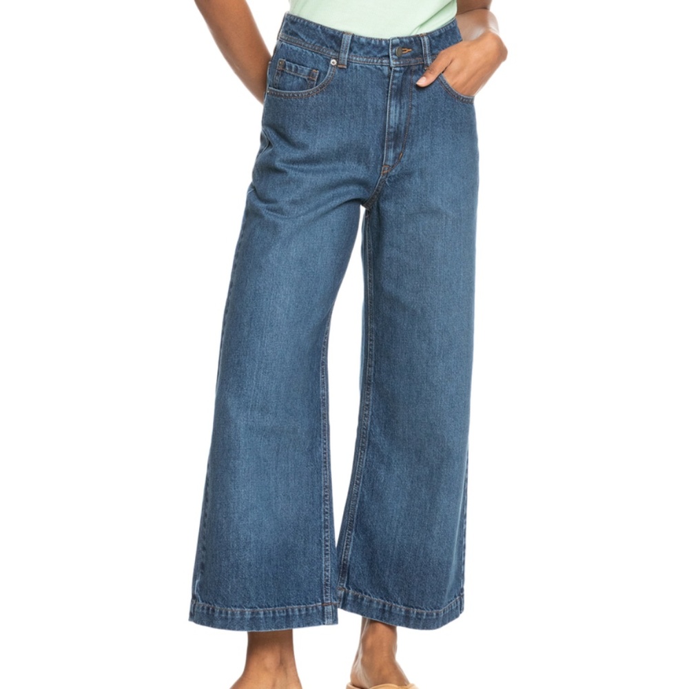 Roxy High Waist Wide Leg Dark Indigo Wash Blue Jeans Size 30 Perfect Break